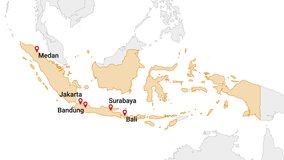 Animation of Indonesia country map on the world map. Animation of map zoom in with border and marking of major cities and capital of the country Indonesia. Background with alpha channel. Motion design