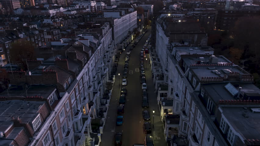 Kensington at night evening, Aerial View Shot of London UK, United Kingdom, the Royal Borough of Kensington and Chelsea W8, posh victorian homes, clear image
