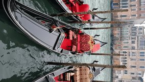 Vertical video for smartphone. Enchanting winter day in Venice, Italy,  shrouded in mist. Gondolas black and red gracefully moved in waters,  serene seascape in this unique and atmospheric capture.