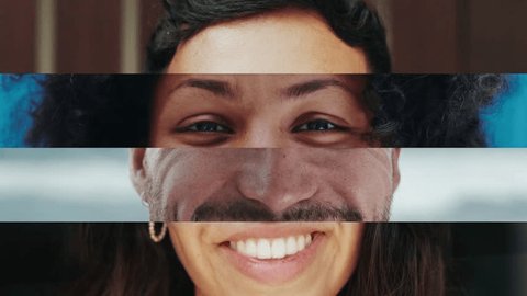 Portraits of Happy People Looking at Camera in One Footage. Beautiful Faces of Young Women and Adult Men in Series Footage. Great Collage Montage for Optimistic Inspiration and Multicultural Community : vidéo de stock