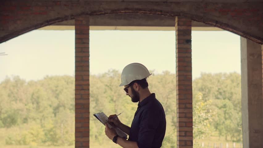 Real Estate Builder Project Architect.Builder Designer On Construction Site.Engineer Developer In Helmet Inspecting Building. Builder Constructor Specialist. Civil Engineer Architect Construction Site
