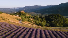 Aerial view at sunset of lavender field with the village of Mison in Provence. Summer in the countryside of Alpes-de-Haute-Provence (Alps), France - Powered by Shutterstock - Get 15% off with code: PIKWIZARD15