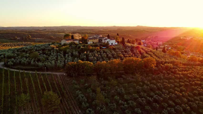 4K Video sunset drone shot of Tuscany Landscape  Royalty-Free Stock Footage #3408455821