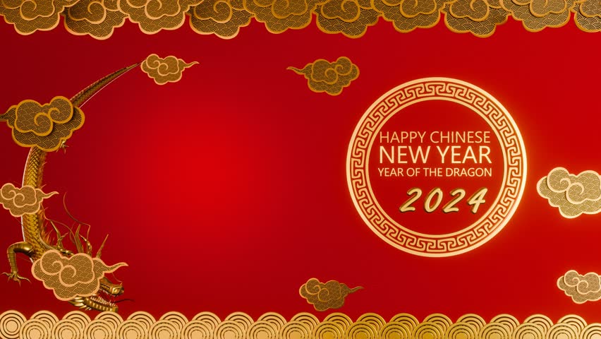 Background image for Chinese New Year 2024. New Year greeting theme: Flying  golden dragon and auspicious red. Traditional Chinese red auspicious lantern. 3D Rendering Royalty-Free Stock Footage #3408469813