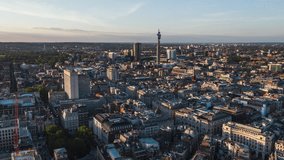 West End, BT Tower, Mayfair, Soho, Establishing Aerial View Shot of London UK, United Kingdom, day, sunny
