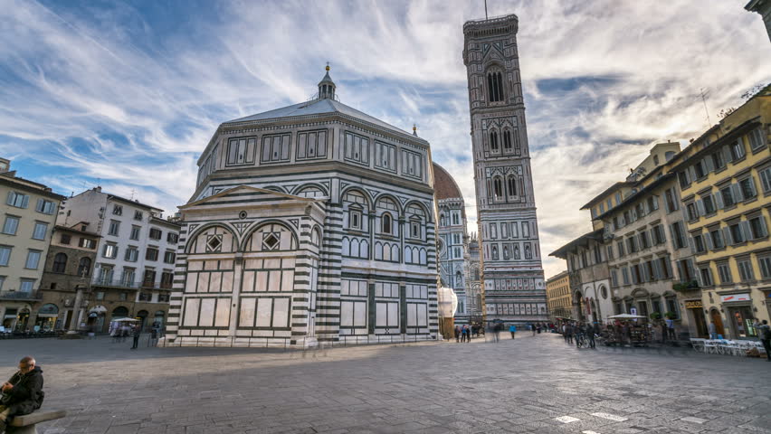 Florence Cathedral, The front of The Basilica di Santa Maria del Fiore at morning sunrise, hyperlapse timelapse video. (Duomo di Firenze) The cathedral church (Duomo) of Florence in Italy in 4K. 
