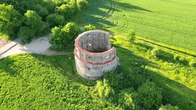 Ruins of old rural windmill in Pricovy near Sedlcany. The largest Dutch type mill. Czech Republic. Aerial 4K footage from drone flight