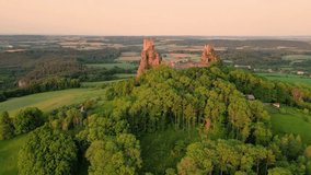 Trosky medieval castle ruins with two ancient towers. Bohemian Paradise, Czech: Cesky raj, Czechia. Aerial 4K footage from above