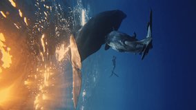 Sperm whale calf drink mother's milk on sunset. underwater photographer takes rare footage cinema camera. Man engaging snorkeling swimming underwater sperm whale Indian ocean. Rare exclusive footage