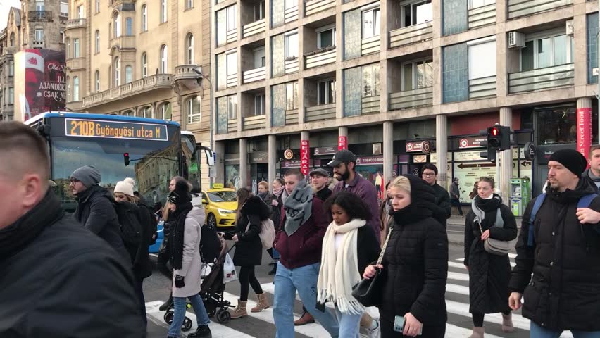 Budapest, Hungary, Europe - Dec 17, 2023 - Budapest UNESCO World Heritage Site Advent Cityscape: Danube River Historic Center Jozsef Attila Avenue, Christmas Markets Neighborhood, Sunday 3:15 PM