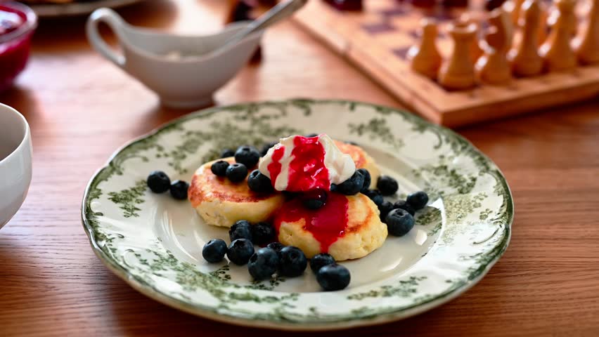 Pouring strawberry jam on pancakes served on a plate. Beautiful home breaksfast