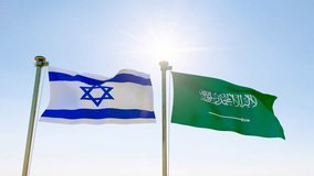 Israel and Saudi Arabia Flags are waving in the spring of the blue sky, looped video. 4K ULTRA HD. 