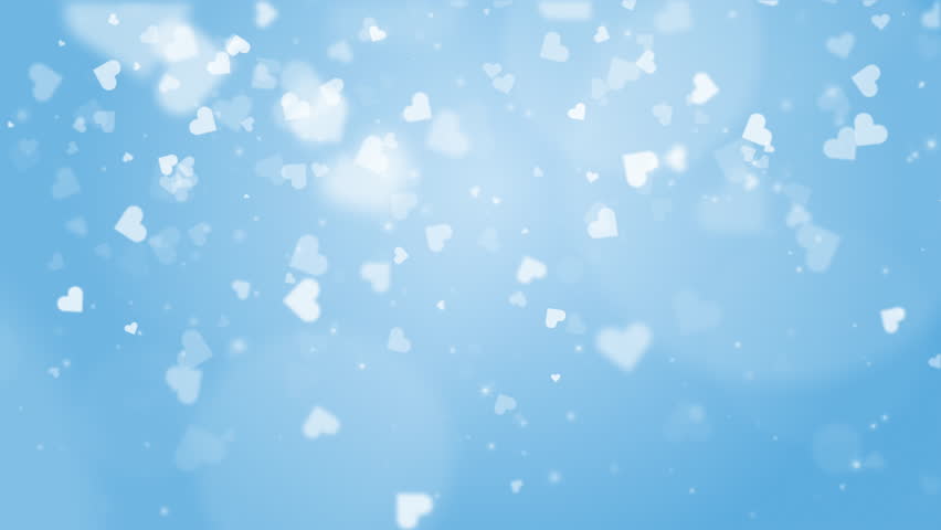 Falling white romantic shapes of hearts on a blue abstract background. Love looped animation. Copy space. Bright design element for decoration holidays valentine's day.