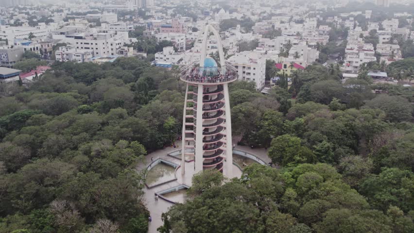 Aerial footage of people visiting the top of Chennai