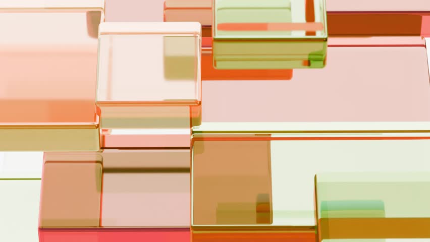 Abstract video translucent green and blue cubes or rectangular prisms that randomly mooving. Glass reflection effect.