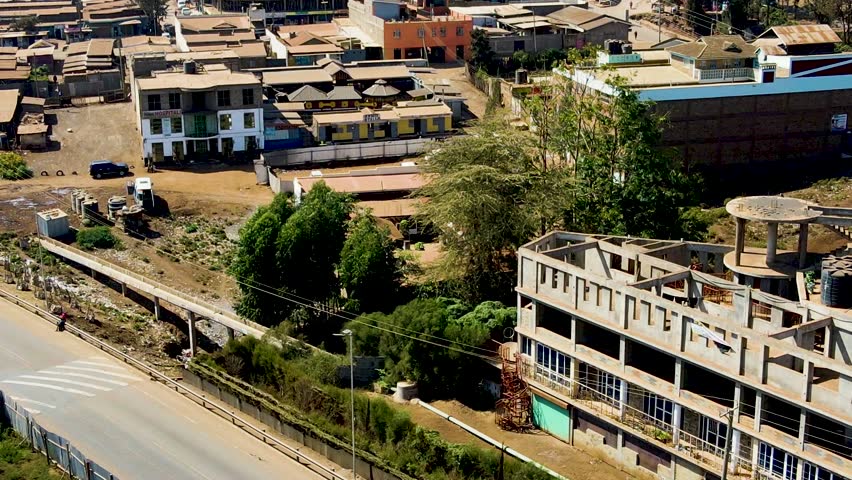 Aerial View of rural kenya- loitokitok sub urbs of Nairobi, Kenya. Urban Neighborhood and Downtown in Skyline, 60fps Drone Shot