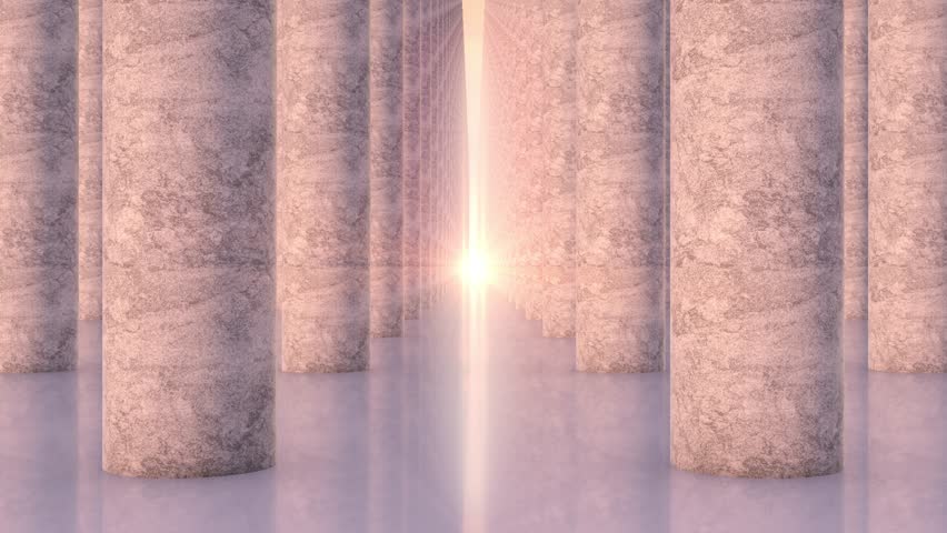 Move forward in futuristic empty pastel colors corridor with bright light. Seamless looping animation. Moving towards cloudy sunset through a space in vaporwave style. Endless tunnel of stone columns