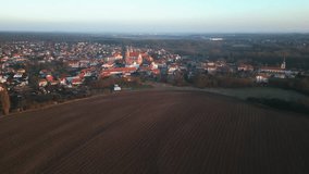 Stara Boleslav Town with Basilica of Saint Wenceslas and Church of the Assumption of Mary, Czech Republic. Aerial 4K footage from above