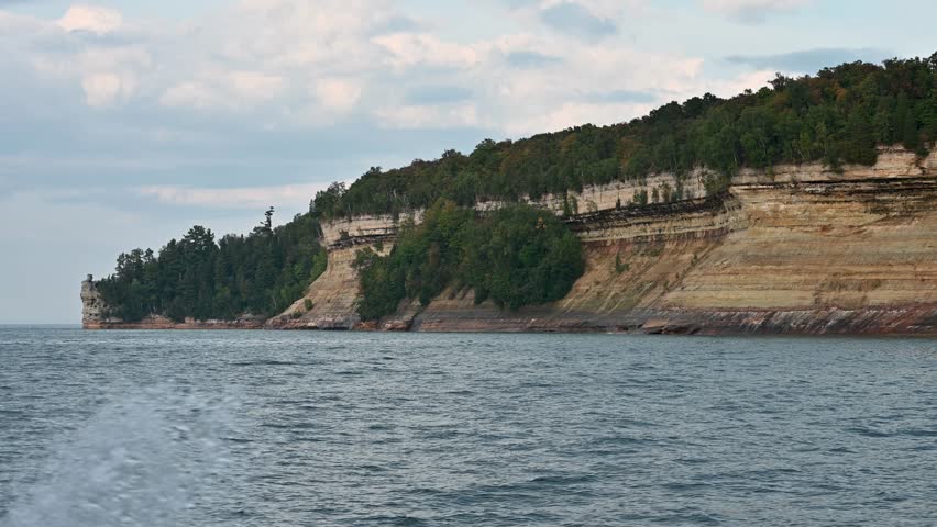 Pictured Rocks National Lakeshore coastline from tourboat, Michigan