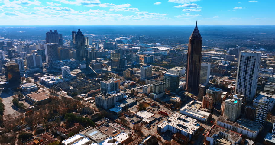 Vast scenic view of Atlanta, Georgia, USA. Beautiful cityscape of the metropolis from drone footage.