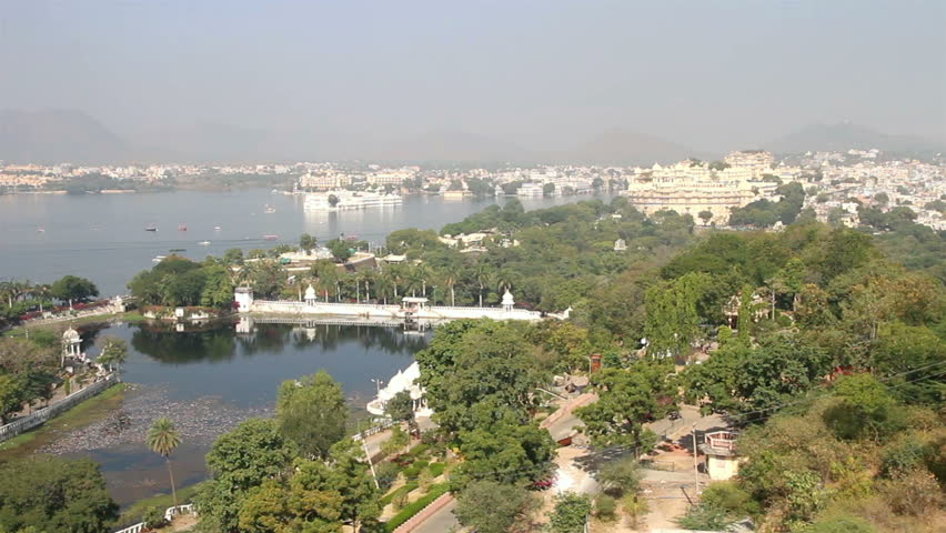 view from funicular on lake and palaces in Udaipur India