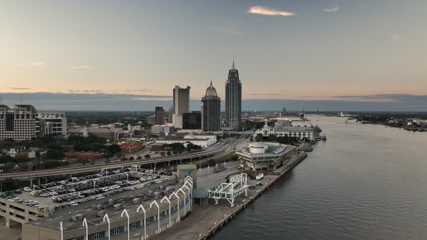 Aerial view of downtown Mobile Alabama at dusk