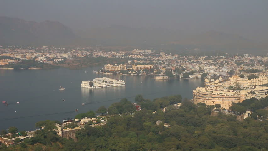 landscape with lake and palaces in Udaipur India