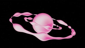 3d abstract pink planet with liquid morph blob hoops rotating in space surface. Galaxy futuristic y2k background. Looped animation video 30fps 4k	