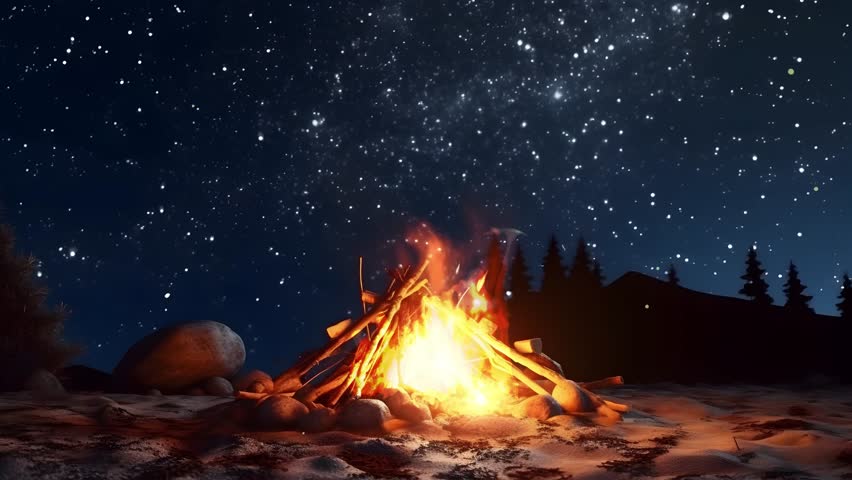 Beautiful bonfire in the star night forest. 3d rendering. Royalty-Free Stock Footage #3409084935