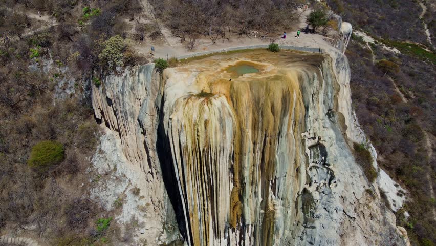 top of a white mountain with blue lakes and springs in Mexico hierve del agua oaxaca drone view