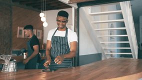 Cafe, people and business owner on tablet for restaurant sales, online management or customer service reviews. Happy cashier, waiter or barista typing on digital technology for coffee shop data - Powered by Shutterstock - Get 15% off with code: PIKWIZARD15