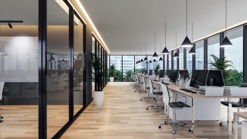 Animation of modern contemporary office interior with city view 3d render, There are wooden floor furnished with white chair and wooden table large windows overlooking cityscape outside. Royalty-Free Stock Footage #3409275957