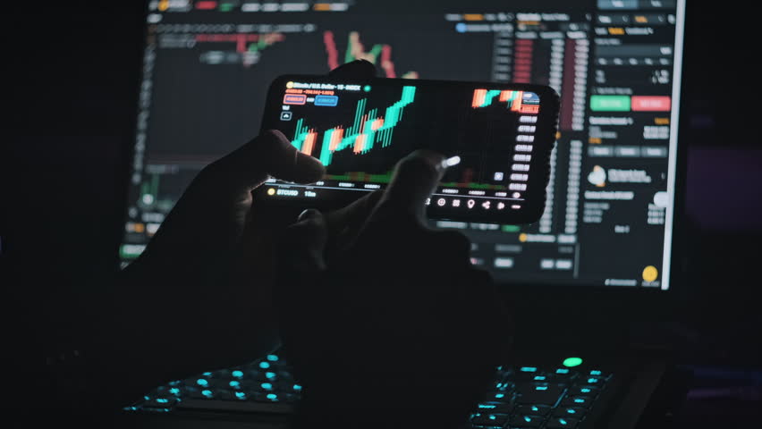 Trader analyzing online BTC price on cryptocurrency graph on smartphone screen. Investor checking crypto market on mobile phone app. Buy Bitcoin. Review the online trading platform application. Royalty-Free Stock Footage #3409279651