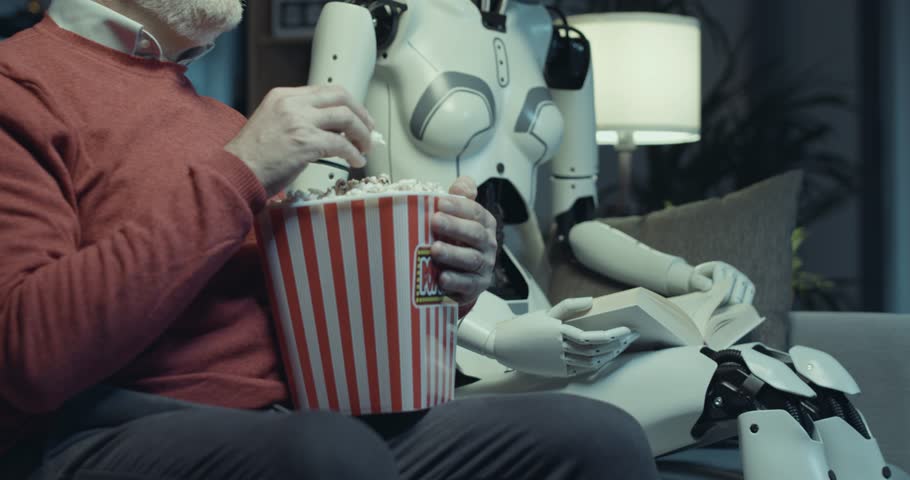 Senior man and AI robot sitting on the couch at home: the man is watching movies on TV and laughing out loud, the robot is focused and reading a book