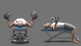Cartoon doing exercise by dumbells. Healthcare concept. Noise grain clip.