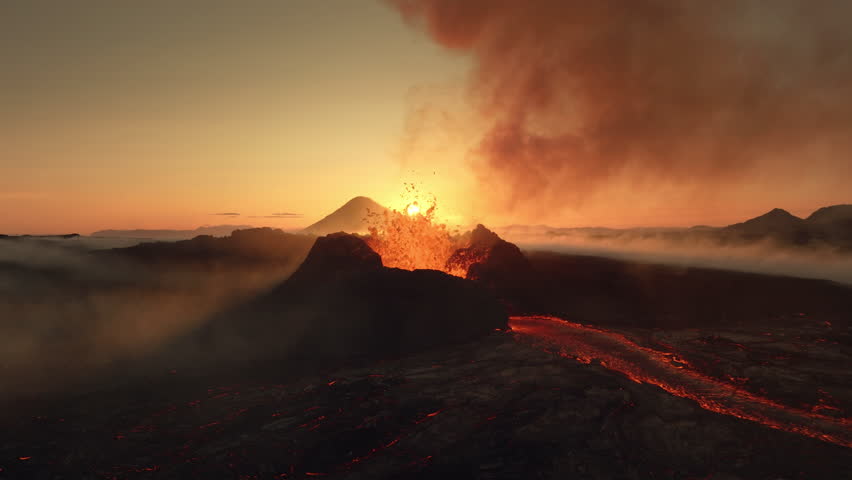 Fagradalsfjall volcano eruption Iceland 2023 aerial view at sunrise, crater spitting hot lava, mountains in the background