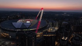 Wembley, London, UK 26th March 2022 aerial video of Wembley Stadium at sunset Dusk 
