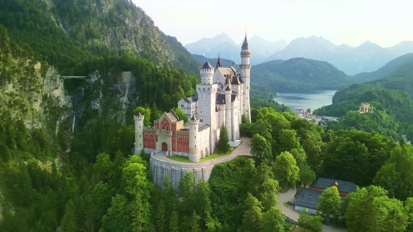 Drone 4k Neuschwanstein castle near Fussen in southwest Bavaria, Germany.