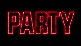 Party text font with neon light. Luminous and shimmering haze inside the letters of the text Party. Party neon sign.