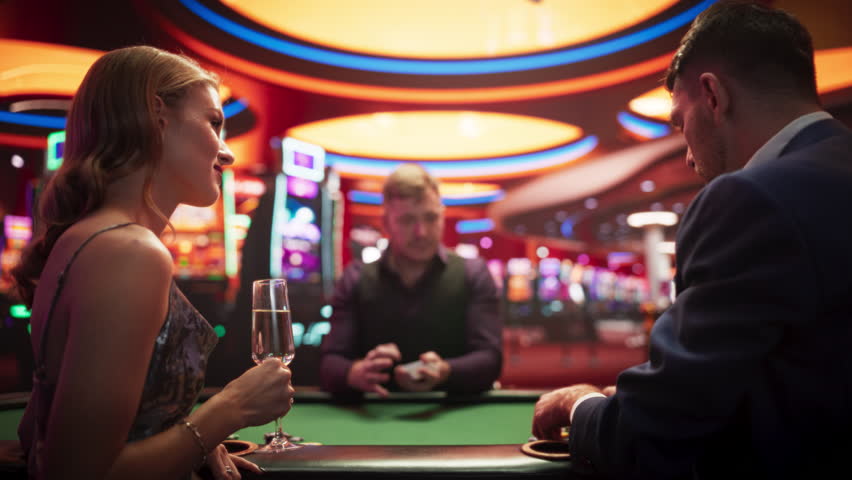Beautiful Caucasian Woman In Fancy Dress Drinking Champagne And Flirting With Handsome Man At Poker Table In Luxurious Casino. Zoom In On Croupier Dealing Cards, Gamblers Making Bets, Moving Chips. Royalty-Free Stock Footage #3409502075