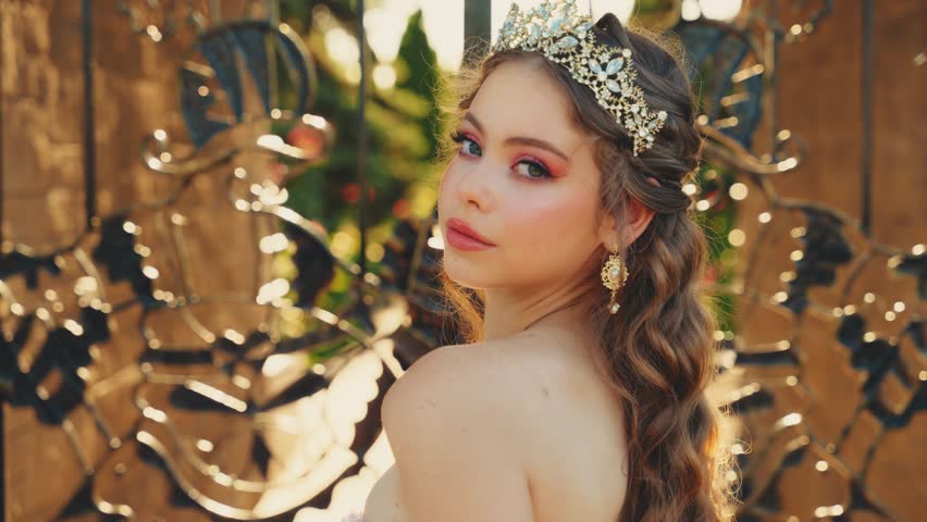 art portrait adult girl fantasy princess strokes touches face skin with ostrich soft white feather fashion model posing sexy look. Young happy woman evening makeup pink red lips green eyes. summer 4k