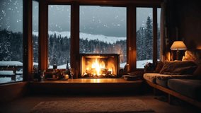 Cozy fireplace in wooden cabin interior with view of gentle snowfall outside window. Winter relaxation concept. Seamless looping 4k video background - Powered by Shutterstock - Get 15% off with code: PIKWIZARD15