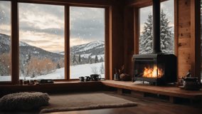 Cozy cabin interior with crackling fireplace and view of gentle snowfall outside window. Winter relaxation concept. Seamless looping 4k video background - Powered by Shutterstock - Get 15% off with code: PIKWIZARD15