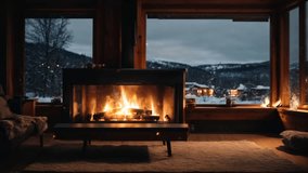 Cozy fireplace with warm flames in wooden cabin interior overlooking snowy mountain landscape. Winter relaxation concept. Seamless looping 4k video background - Powered by Shutterstock - Get 15% off with code: PIKWIZARD15