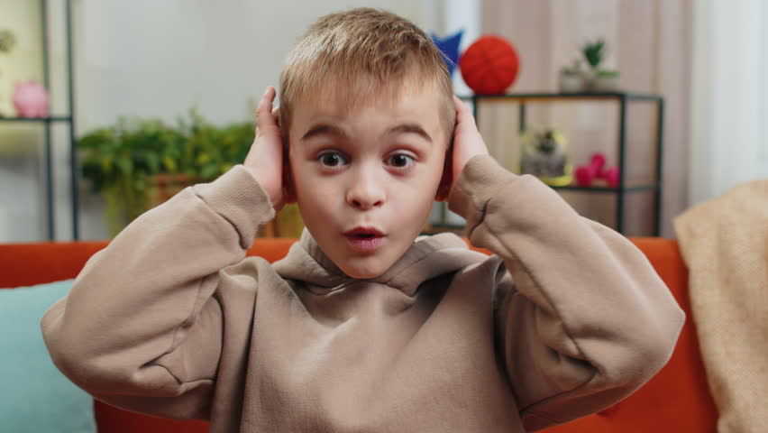 Oh my God, Wow. Caucasian surprised preteen school boy looking at camera with big eyes, shocked by sudden victory, good win news, celebrating. Excited amazed child kid at home living room on couch