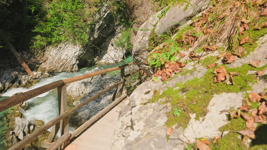 The Vintgar Gorge in Triglav National Park, Slovenia, is a stunning canyon with turquoise river water near Bled. It's known as Soteska Vintgar or Blejski Vintgar in Triglavski narodni park. Royalty-Free Stock Footage #3409571027