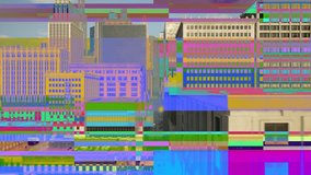 The camera flies along a modern city street with glitchy buildings. - Powered by Shutterstock - Get 15% off with code: PIKWIZARD15