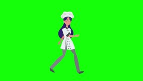 Woman Chef, Walking Animation. Character 2D Figure Cartoon Animation. Chroma key Variation Transparent Background. 2D Loop Animation. Chroma key.