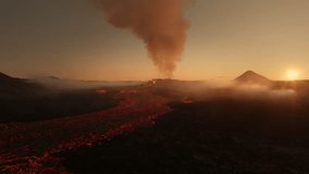Toxic smoke rising above the crater at Fagradalsfjall volcano eruption site Iceland 2023, low altitude aerial view at sunrise