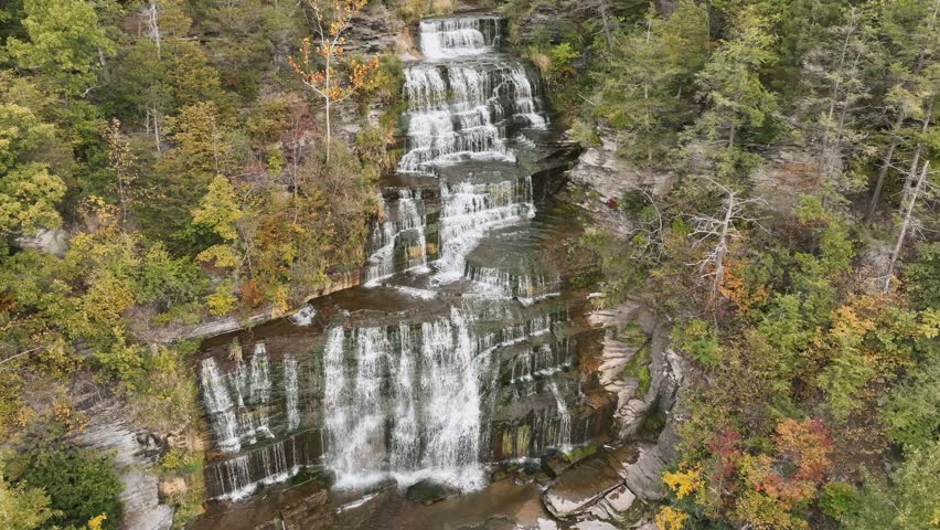 Aerial View Of Hector Falls In Burdett, New York State, USA. Fall colors. 